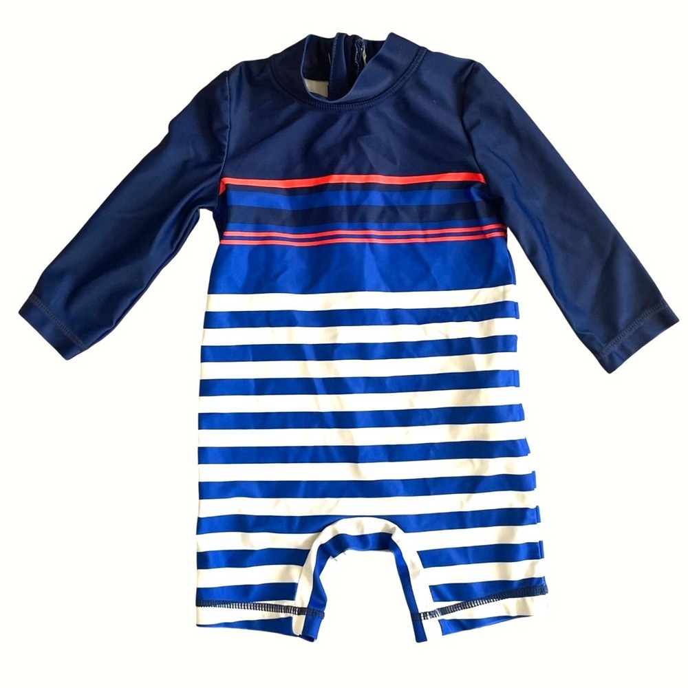 Carter's Baby Rash Guard 1-Piece Swimsuit Swim Boys 6M Blue Striped Long Sleeves